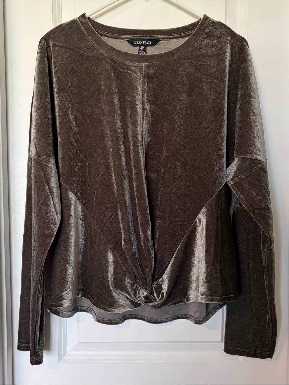 Ellen Tracy Women’s Velvet Twist-Front Long Sleeve Top — Taupe
Size S